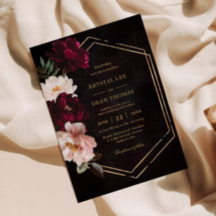 Convite Casamento de Peônias Florais Rosa Bege Borgonha Te