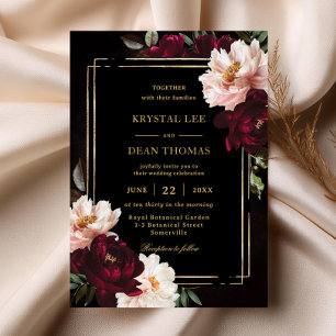 Convite Casamento de Peônias Florais Vermelho Burgundy Mal