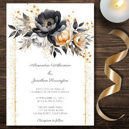 Convite Casamento de Peônias Preto e Dourado