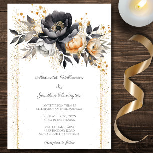 Convite Casamento de Peônias Preto e Dourado