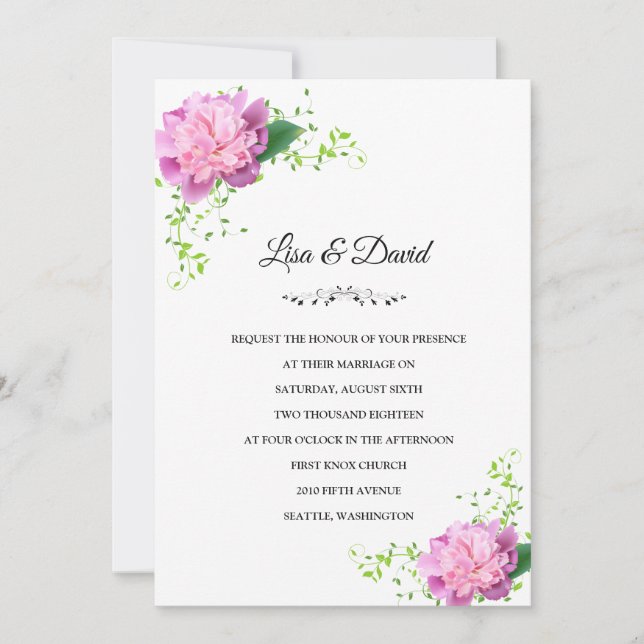 Convite Casamento de Peônias Rosa-Convidado (Frente)