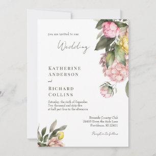 Convite Casamento de Peônias Rosa e Amarelo Elegante