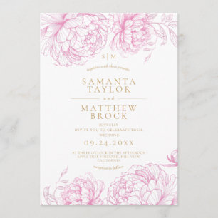 Convite Casamento de Peônias Rosa Elegantes