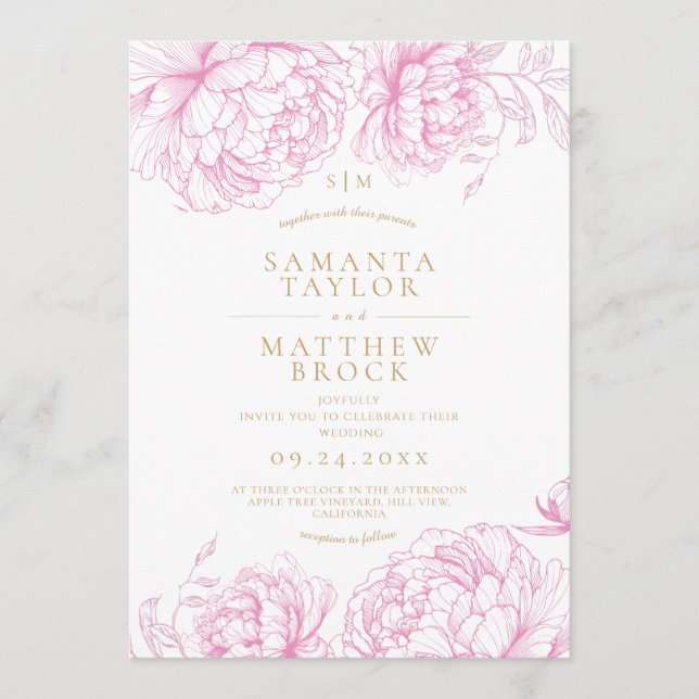 Convite Casamento de Peônias Rosa Elegantes (Frente)