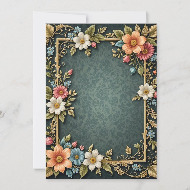 Convite Casamento de Pergaminho Floral Azul Escuro (Frente)