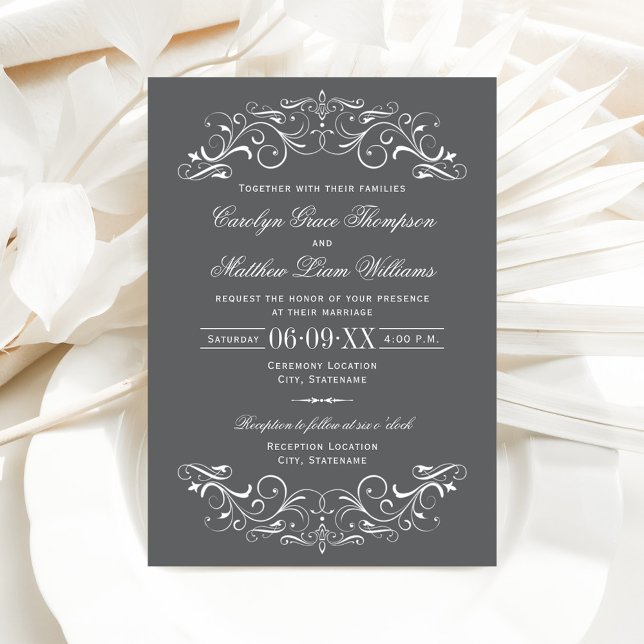 Convite Casamento de Pergaminho Rebuscado Cinza e Branco (Criador carregado)