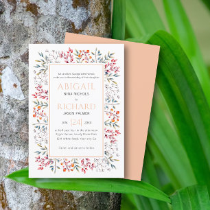 Convite Casamento de pêssego com borda de folhas e bagas