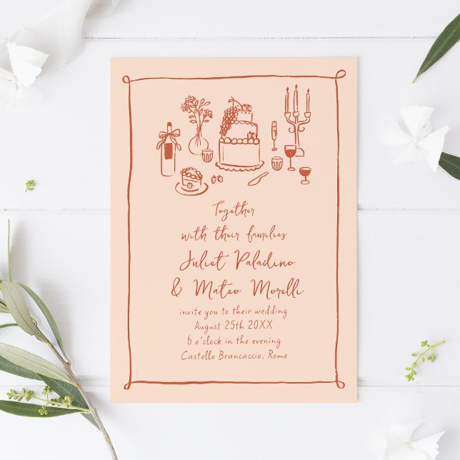 Convite Casamento de Pêssego com Comida e Bebida Escrita M (peach quirky hand-drawn wedding invitation with food doodles)