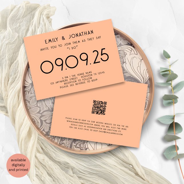 Convite Casamento de Pêssego com Tipografia Moderna (Front and back view)