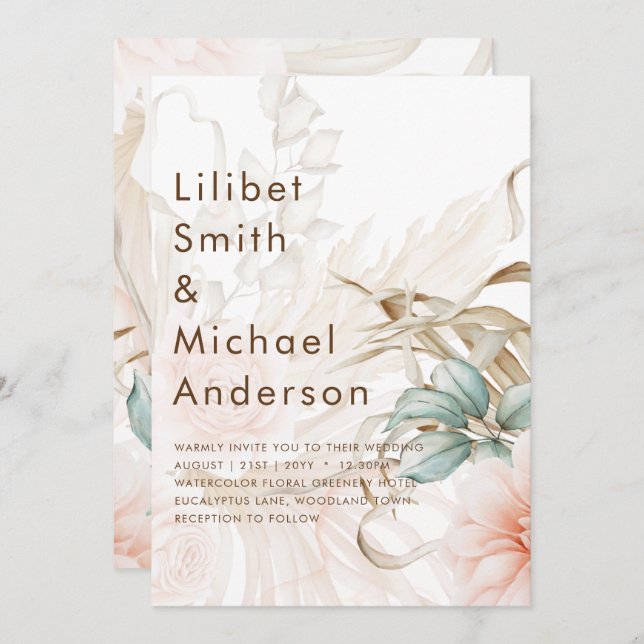 Convite Casamento de Pêssego de Grama de Airy BOHO Pampas (Frente/Verso)