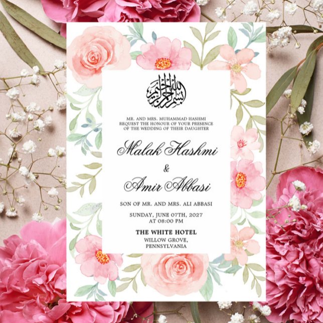 Convite Casamento de Pêssego e Design Floral Rosa Muçulman (Criador carregado)