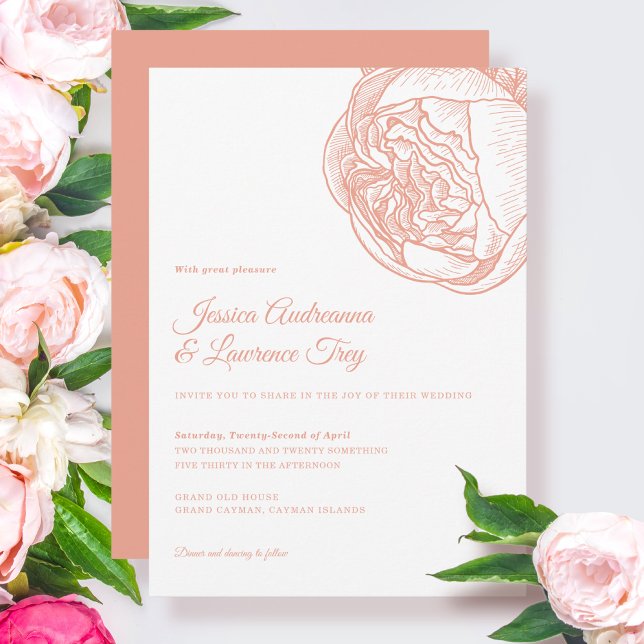 Convite Casamento de Pêssego Elegante Peony (Criador carregado)