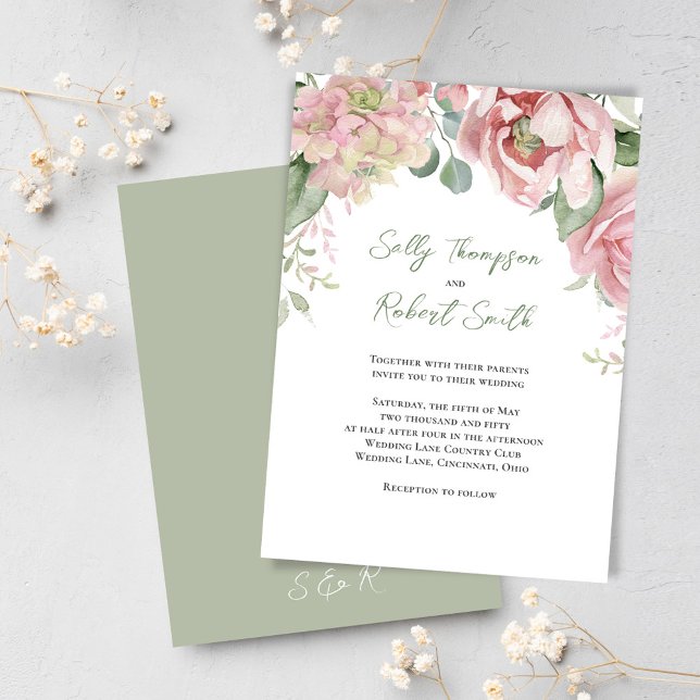 Convite Casamento de Pêssego Floral de Aquarela Elegante (Elegant blush pink wedding invitations.)