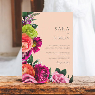 Convite Casamento de pêssego floral moderno elegante