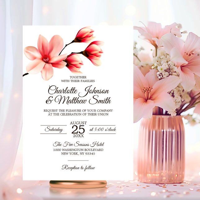 Convite Casamento de Pêssego Rosa-Coral Magnolia Floral El (Elegant Floral Magnolia Coral Peach Pink Color Wedding Invitation)