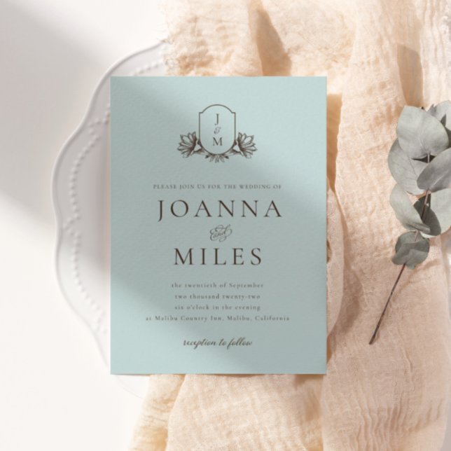 Convite Casamento de Peste de Monograma Botânica Azul Clar (Criador carregado)