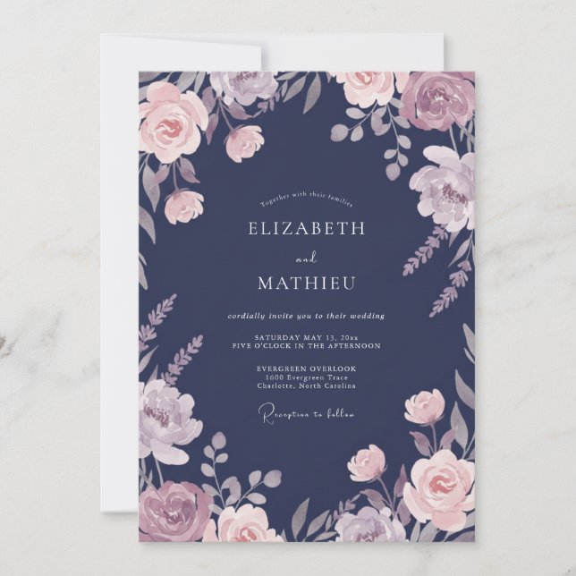 Convite Casamento de Pétala Floral Azul Marinho (Frente)