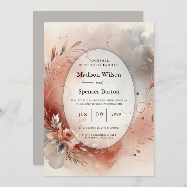 Convite Casamento de Pétalas Blushing e Prata Swirls (Frente/Verso)