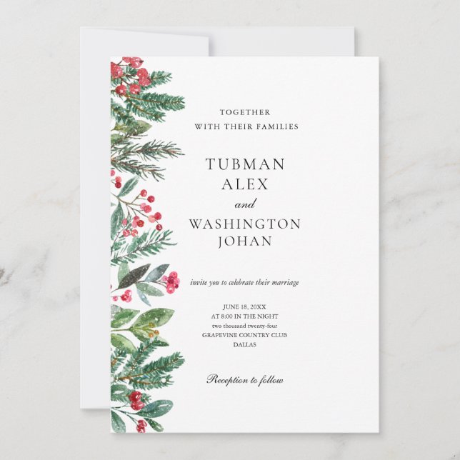 Convite Casamento de Pine Cone Greenery de Berries de inve (Frente)