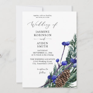 Convite Casamento de Pine Greenery de Berries Azul de inve