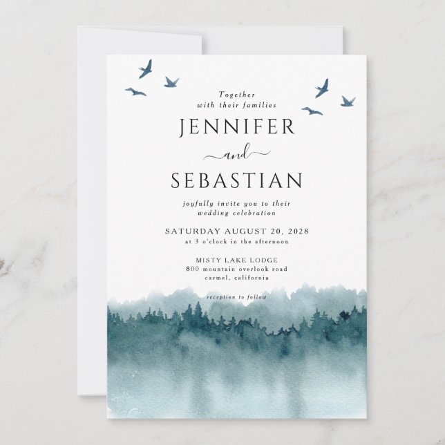 Convite Casamento de Pine Trees Forest Watercolor Rustic (Frente)
