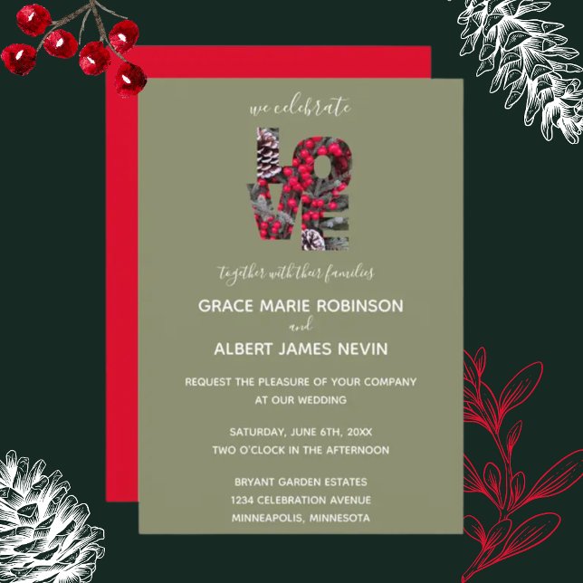Convite Casamento de Pinecones Evergreens Red Berries (Criador carregado)