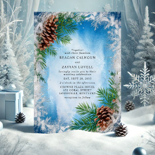 Convite Casamento de Pinha de Inverno Azul Congelante