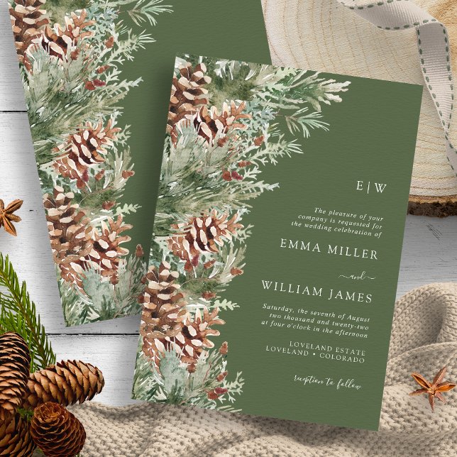 Convite Casamento de Pinheiro com Monograma Verde (Mountain Hunter Green Monogrammed Evergreen Wedding Invitation by Painted Paperie
)