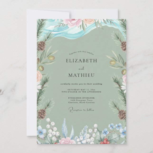 Convite Casamento de Pinheiro Evergreen Eucalipto Espuma d (Frente)