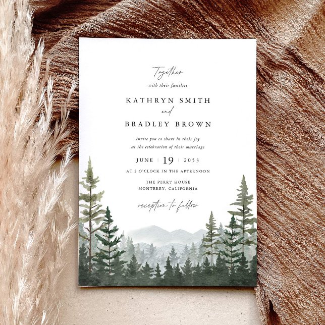 Convite Casamento de Pinheiro na Floresta da Montanha (Mountain forest wedding invitation, sage green pine tree wedding stationery, layered woodland invite)