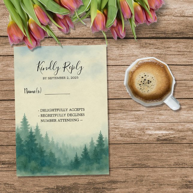 Convite Casamento de pinheiros da árvore d'água RSVP (Watercolor pine tree forest wedding RSVP Invitation.)