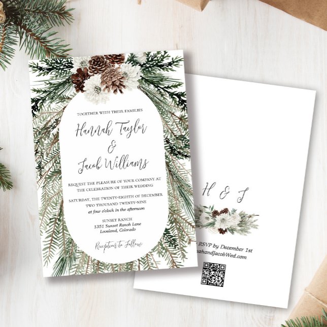 Convite Casamento de Pinheiros de inverno com código QR RS (winter pine forest wedding qr code invitation)