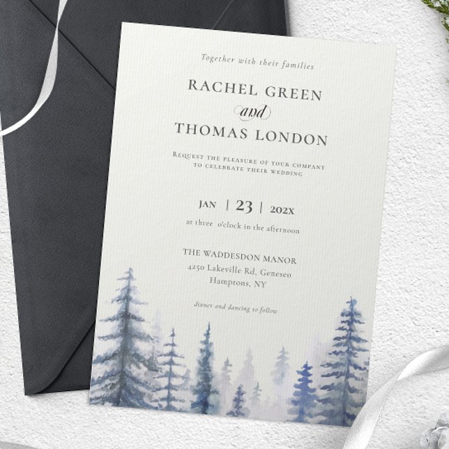 Convite Casamento de Pinheiros de Pinheiros Russos de inve (Winter Rustic Watercolor Pine trees wedding Invitation)
