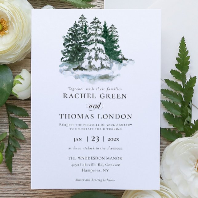 Convite Casamento de Pinheiros Verdes com Aquarela de inve (Winter Rustic Watercolor Green Pine trees wedding Invitation)