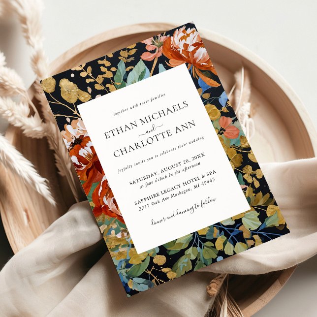 Convite Casamento de Pintura Dourada Floral de Peões Laran (Criador carregado)