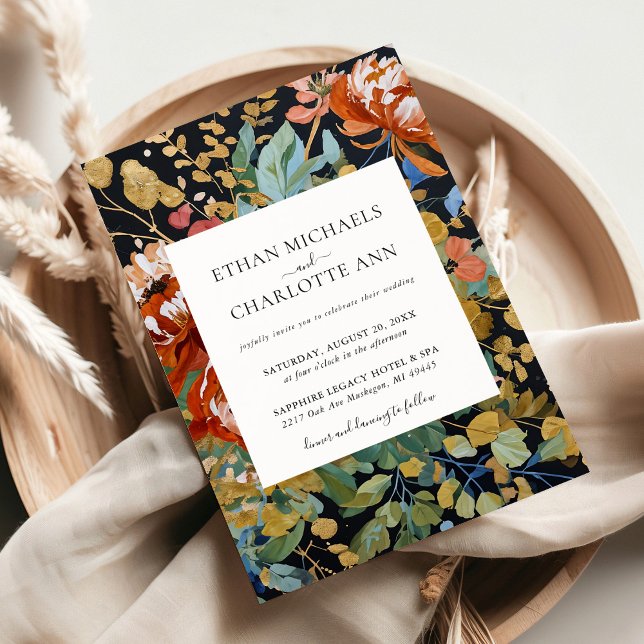Convite Casamento de Pintura Dourada Floral de Peões Laran (Criador carregado)