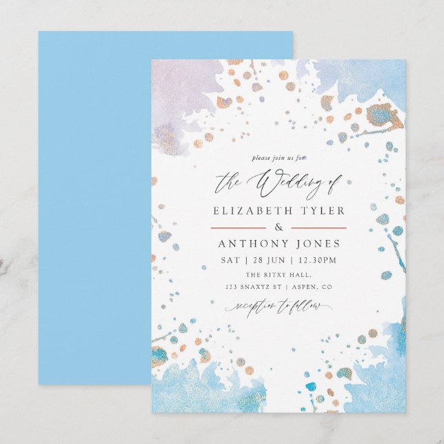 Convite Casamento de Placas de Água Douradas e Azuis (Frente/Verso)