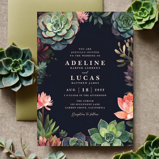 Convite Casamento de Plantas Botânicas Suculentes Escuras  (Dark botanical succulent plant boho wedding invitation suite, moody black, green and peach invite)