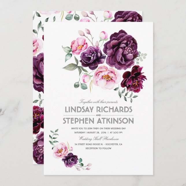 Convite Casamento de Plum Burgundy e Blush Floral Watercol (Frente/Verso)