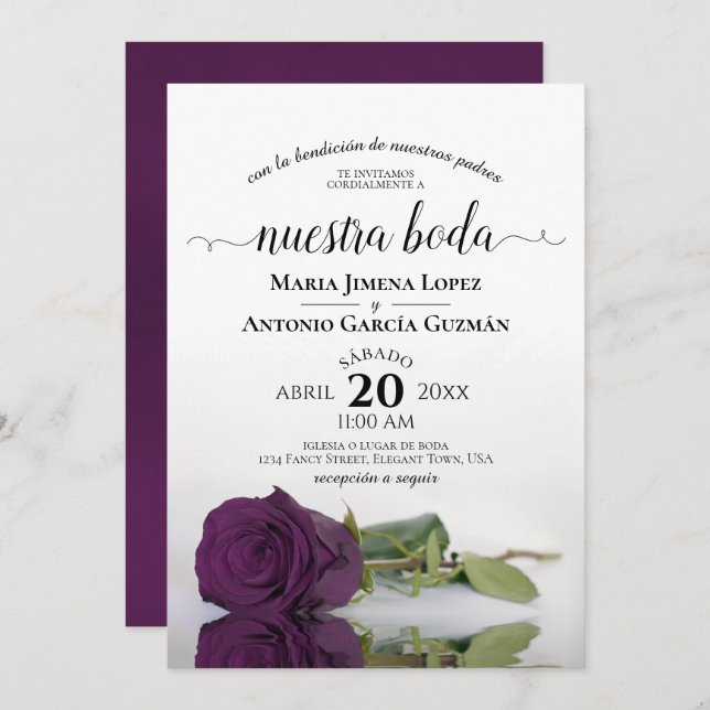 Convite Casamento de Plum Purple Rosa espanhol Nuestra Bod (Frente/Verso)