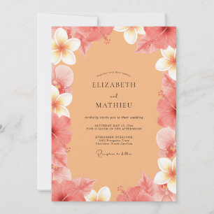Convite Casamento de Plumeria Tropical Coral Eucalipto