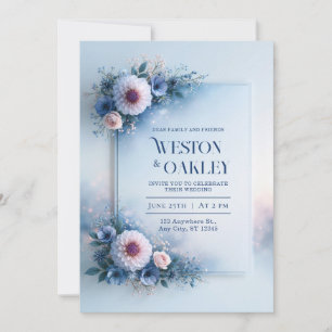 Convite Casamento de Pó de Dahlia com Moldura Azul