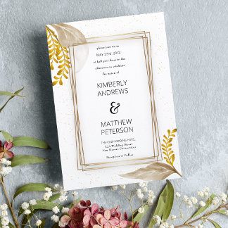 Convite Casamento de poço branco de luxo de ouro floral