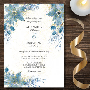 Convite Casamento de Poinsettia Azul e Dourado Moderno