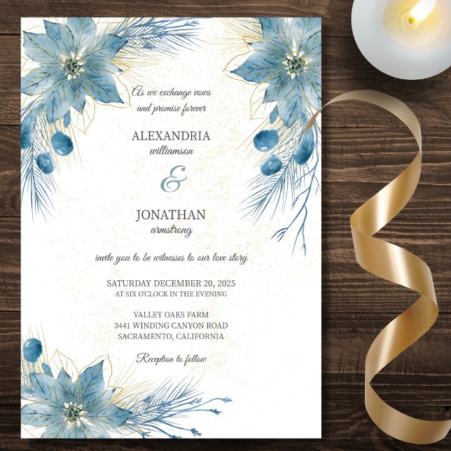 Convite Casamento de Poinsettia Azul e Dourado Moderno (Criador carregado)
