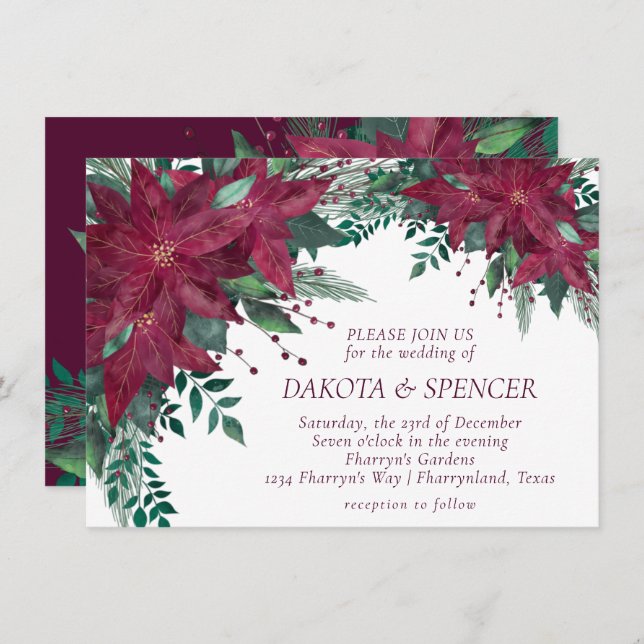 Convite Casamento de Poinsettia Burgundy e Teal Holiday (Frente/Verso)
