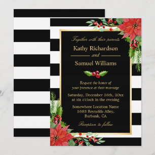 Convite Casamento de Poinsettia Floral Black Stripes