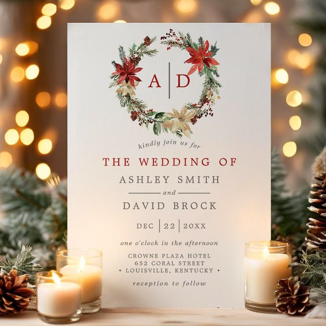 Convite Casamento de Poinsettia Monograma Wreath (Criador carregado)
