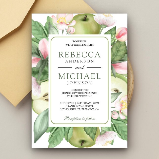 Convite Casamento de Pomar de Maçã Verde Floral Botânico (Criador carregado)
