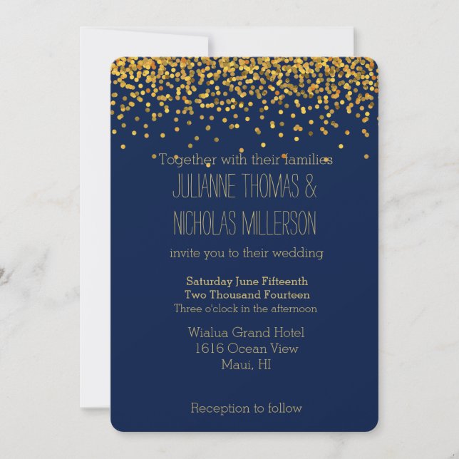 Convite Casamento de Pontos de Confetti Dourados e Azuis (Frente)